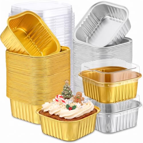 Skylety 100 Pcs 5oz Mini Square Cake Pans with Lids, Gold, Silver - color: Gold,Silver