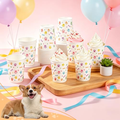100 Pcs 9 oz Dog Ice Cream Cups Bulk Paper Pup Cups Paw Pattern Whip Cream Paper Bowls Puppy Snack Food Container Pet Theme Party Supplies for Puppy Food Treat Feeding