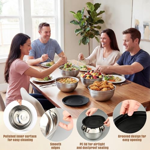 Geetery 6 Pack Stainless Steel Mixing Bowls with Airtight Lids 3qt Metal Mixing Bowl Thicker Stainless Steel Salad Bowls for Food Prep, Baking, Storage, Cooking, Serving Dishwasher Safe - color: Black Lid