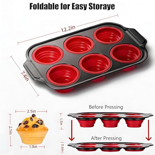 Muffin Pan, 6-Cup Nonstick Silicone Muffin Pans for Baking, Food-Grade Cupcake Pan for Oven, Microwave, Dishwasher Safe, BPA-Free Silicone Baking Mold for Muffins, Cupcakes, Egg Muffins - color: 6 Cups Red
