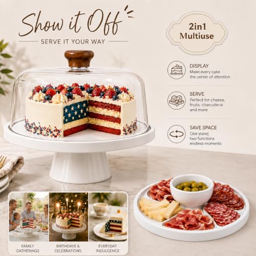 Acacia Wood Cake Stand with Lid Anti-Mold 12 Inch - 2-in-1 Wooden Charcuterie Board - Covered Dessert Plate with Acrylic Dome - Vintage Pastry Display - Tall Domed Serving Stand Platter - color: F - White