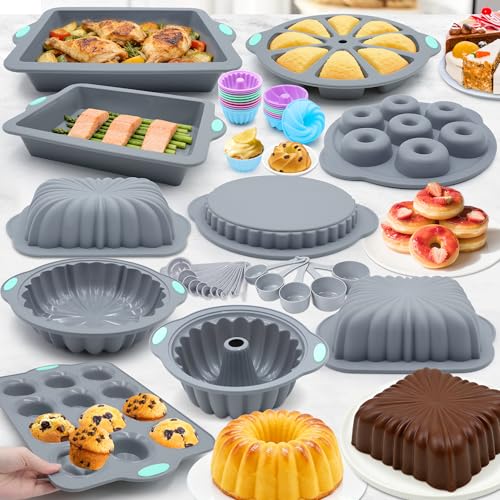 To encounter 51 Piece Silicone Baking Pan Set, Non-Stick Bakeware Set with Baking Pans, Reusable Donut Mold, Food-Grade Silicone Molds for Cakes, Cookies, Muffins, Bread, Light Grey - size: 51 Pcs Bakeware Sets