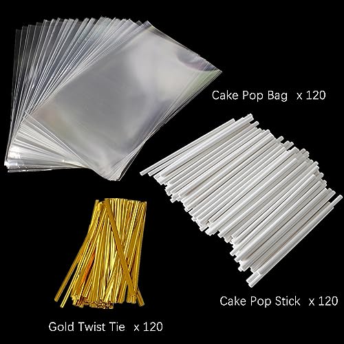 JOERSH 360Pcs Cake Pop Sticks and Wrappers Ties Kit - style: 120 Sticks, 120 Bags, 120 Gold Ties