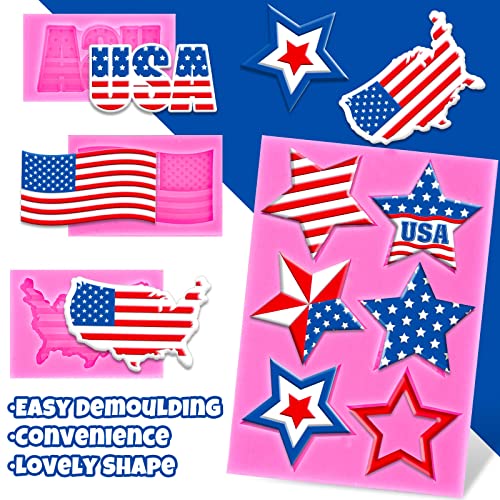 Whaline 4Pcs 250th Anniversary Independence Day Silicone Molds 4th of July 3D Patriotic Fondant Mold American Flag Pattern Chocolate Molds USA Map Stars Cupcake Baking Decorating Moulds for DIY Party - style: 4th of July