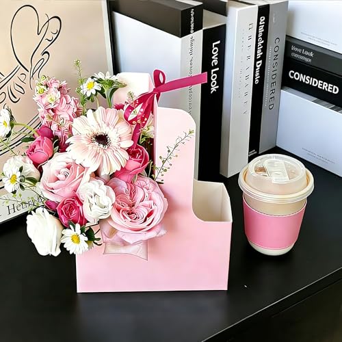 15 Pack Pink 2 Cup Drink Carrier with Handle, Disposable Cardboard Coffee Cup Holder for Hot or Cold Drinks, Coffee Carrier with Ribbon & Card for Food Delivery, Takeout and Bouquet Arrangement - size: 15