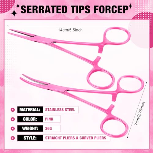 BBTO 2 Pcs Hemostat Forceps Curved Straight, Piercing Pliers,Pink - color: Pink