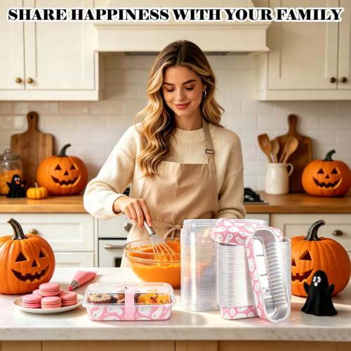 FYSUIMU 100 Pcs Halloween Mini Loaf Pans with Lids and Forks Pink Ghost Mini Cake Pans 6.8 Oz Rectangular Aluminum Foil Baking Container Muffin Cupcake Cups for Trick or Treat Party Picnic Supplies - color: Pink Ghost