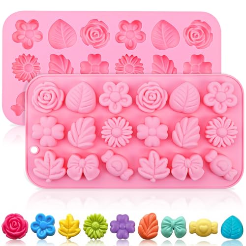 Flower Candy Molds Silicone 2PCS, KKDINDAN 9 Shapes Bite Size Chocolate Molds, Food Grade Spring Rose Daisy Flower Mold Bow Leaf Gummy Molds for Ice Jello Soap Cookie Dessert Melt - size: Flower Molds 2 Pcs