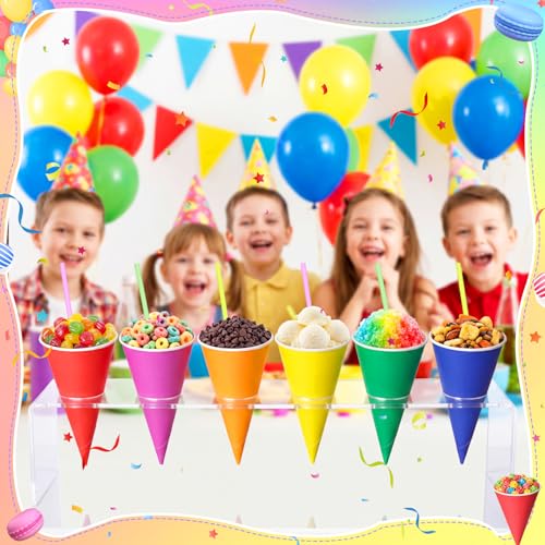 Honeydak 200 Pcs Rainbow Snow Cone Cups with Straws 6 oz Disposable Rainbow Paper Cone Cups, 6 Bright Colors, Slush Shaved Ice Cream Sorbet for Carnivals Party