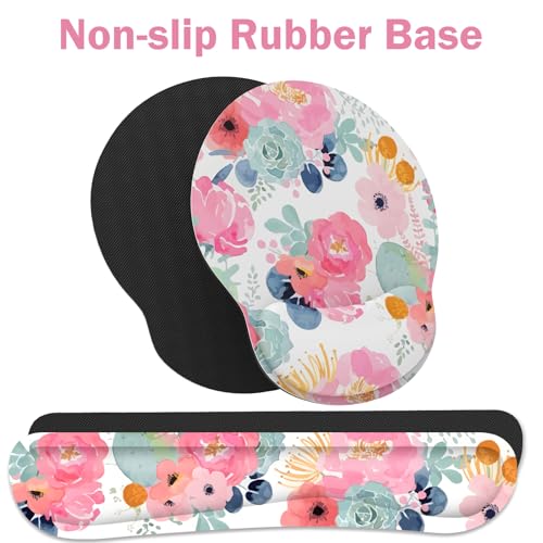 Ergonomic Mouse Pad with Wrist Rest and Keyboard Wrist Rest, Mousepad - color: Pink Floral
