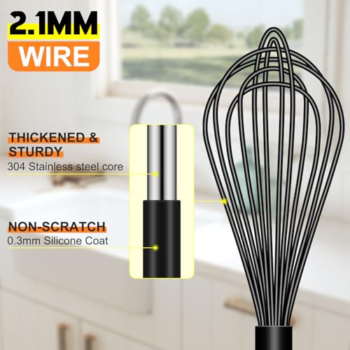 HOTEC 4Pcs Silicone Whisk Set, Wire Balloon Whisks for Cooking Egg Beater - color: Black