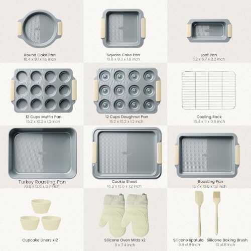 Kikcoin 25-Piece Nonstick Baking Pans Set with Large Turkey Roasting Pan, Stackable Bakeware Set, 450°F Oven Safe Baking Sheet Set with Silicone Handles, Carbon Steel Cookie Sheets for Baking, Cream - color: Cream