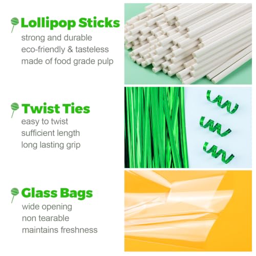 600Pcs Lollipop Stick, 6IN Cake Pop Sticks with Clear Treat Bags & Green Twist Ties, Cake Pops Making Tools for Lollipops, Candies, Chocolates Cookies - color: Green 600Pcs