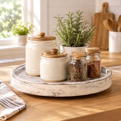 14 in White Distressed Round Lazy Susan, Farmhouse Turntable Dining Tray
