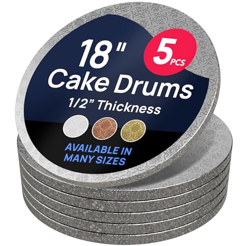 O’Creme Cake Board, Silver Foil Round Cake Circles with Gorgeous Design, Sturdy & Durable 1/2” Thick Cake Drums, Round Cake Boards with 18” Diameter, Pack of 5 Disposable Cake Drums - color: Silver, size: 18"