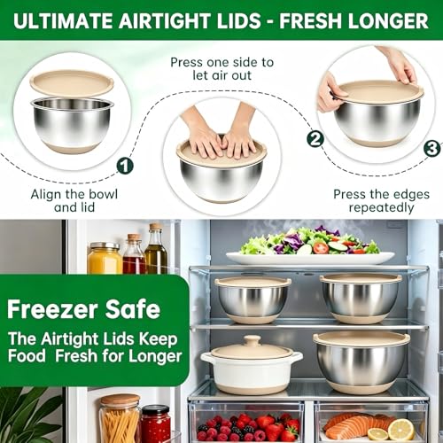 Deedro Mixing Bowls with Airtight Lids, Stainless Steel Mixing Bowls Set - color: Khaki