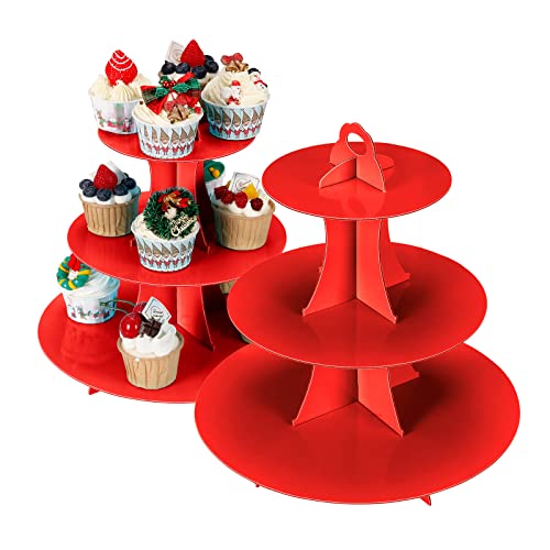 YLDW Cupcake Stand, 3-Tier Cupcake Stand Display, Cardboard Cup Cake Tower Stand, Disposable Dessert Stand for Birthday Tea Party Baby Shower Treat Decorations, Red - color: Red