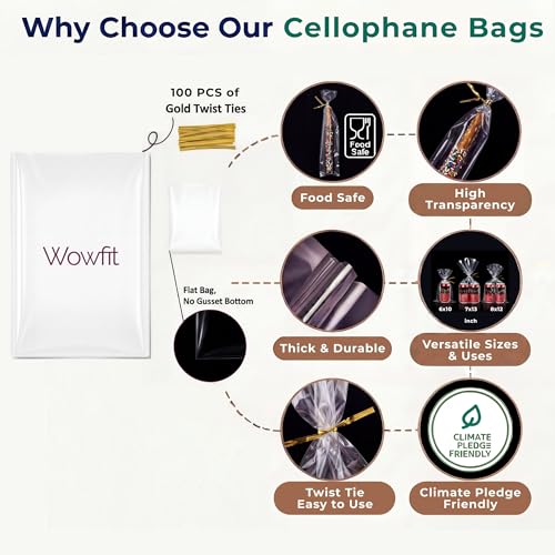 Wowfit 100 CT 2x10 Clear Cellophane Pretzel Rod Bags, 4" Gold Twist Ties - size: 2x10 Inch (Pack of 100)