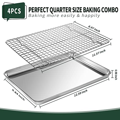 Quarter Sheet Pan with Cooling Rack Set [2 Baking Sheets + 2 Baking Racks], CEKEE Stainless Steel Cookie Sheets for Baking and Wire Rack - Rust & Warp Resistant & Nonstick, Size 12 x 9.8 x 1 Inch - size: 12*10*1Inch