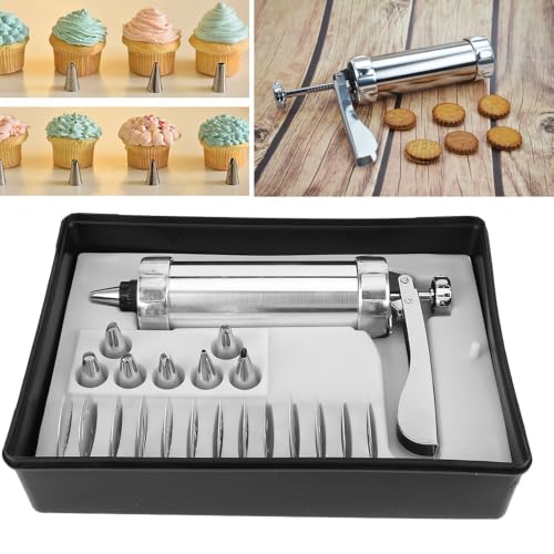 Aluminum Alloy Cookie Press Maker Set, Silver Biscuits Maker with 7 Piping Nozzles and 13 Pattern Discs for Cake Decorating Baking Tool