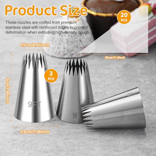 Stainless Steel 9FT Large Piping Tips, 3Pcs Piping Bags And Tips Set, Churro Piping Tip, Open Star Pastry Tips for Cake Decorating with 20Pcs Disposable Piping Bags