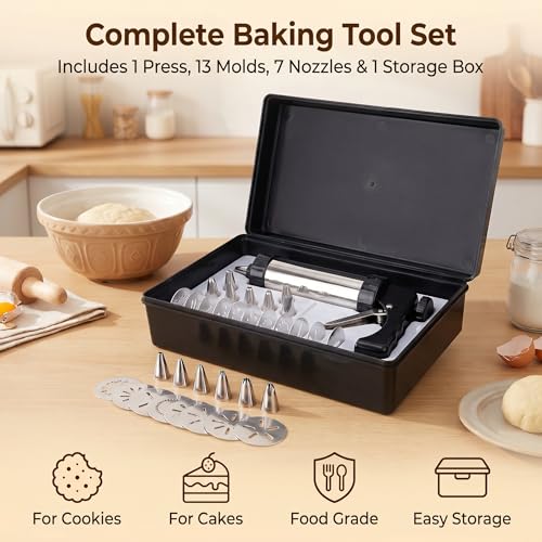Cookie Press Kit with 13 Discs & 7 Icing Tips for Biscuit Baking