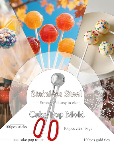 Cake Pop Mold Set, Including 100 Plastic 6-inch Sticks, 100 Treat Bags, 100Pcs Color Ties, Meat Baller for Cake Pops, Scooper Ball Maker for Lollipop, Candies, Chocolates and Cookies (Red) - color: Red