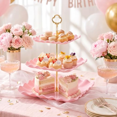 6 Pack of Plastic Square Dessert Cupcake Stand, 3 Tier Pink Cup Cake Holder Display Tower Dessert Tiered Serving Trays for Wedding Birthday Baby Shower Tea Party Decorations