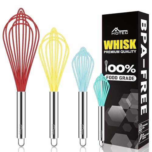 HOTEC 4Pcs Silicone Whisk Set, Wire Balloon Whisks for Cooking Egg Beater - color: Red,Yellow,Blue,Aqua Sky