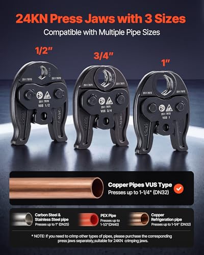 VEVOR Press Tool, 18V Electric Pipe Crimping Tool for 1/2", 3/4", 1" Copper Pipes, 24KN Press Tool Kit Compatible with ProPress - with 3 Press Jaws, 2pcs 18V 2AH Battery, Fast Charger & Carrying Case
