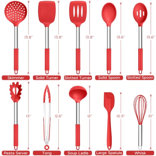 Onader 10 Pieces Silicone Kitchen Utensils Set, Cooking Utensils with Holder and Heat Resistant Stainless Steel Handle for Nonstick Cookware -Red - color: Red