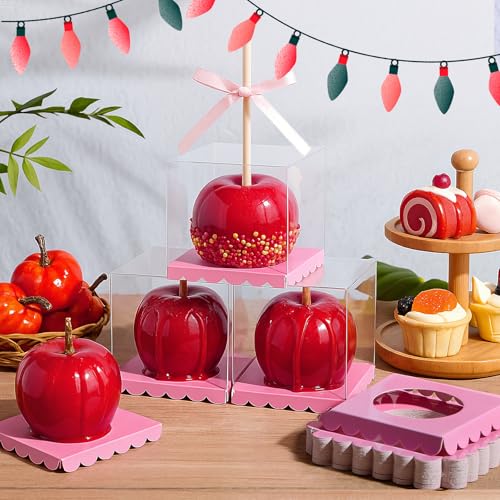 Weysat 100 Pcs Candy Apple Boxes, Pink Base Clear PET with Hole Top - color: Pink