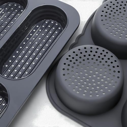 TOPZEA 3 Pcs Silicone Hot Dog & Hambergur Buns Pan Set, 6 Cavity Nonstick Baguette Bread Loaf Mold Perforated Hoagie & Sandwich Roll Baking Pans with Scraper for Homemade Ham Burger, Hotdog, Oven Safe