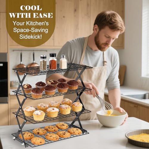 BEWOS 4 Tier Collapsible Cooling Rack - Adjustable Black Stainless Steel Baking Rack with Mesh Leak Proof, Foldable X-Shaped Structure Cooling Racks for Cooking and Baking - color: Black, size: 4 Tier