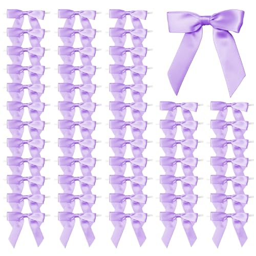 50 Pcs Satin Bows with Twist Ties, 2.5 Inch Gift Wrapping Bows, Lavender - color: Purple