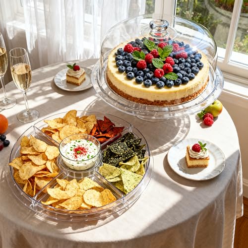 VALESKA 12inch Cake Stand with Acrylic Lid, 6-in-1 Multifuntional Serving Platter with Dome Cover, Cake Display Stand with Lid/Dessert Platter/Punch Bowl/Veggie Platter - BPA Free - color: Arylic