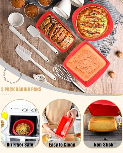 Silicone Baking Pans Sets - Nonstick Silicone Bakeware Set with Bread Loaf Pan, Square/Round Cake Pan - Oven & Dishwasher Safe - color: Red-Round+Square+Loaf