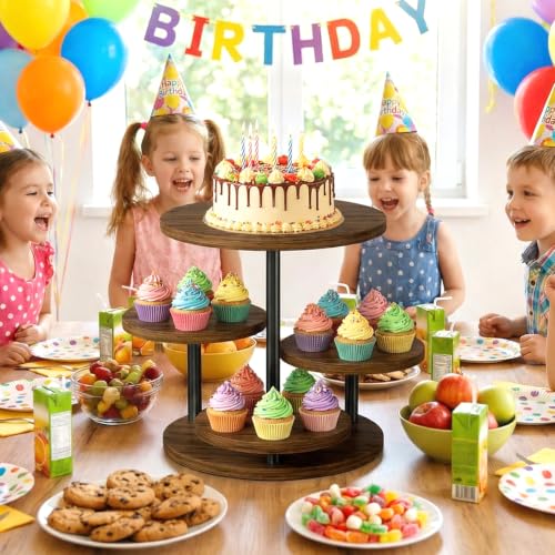 Cupcake Holder for 50 Cupcakes Wood Cake Stand with 4 Tiered Serving Tray 360°Rotating Dessert Stands Round Cookie Trays for Parties Wedding Baby Shower Afternoon Tea Dessert Table, Walnut - color: Walnut