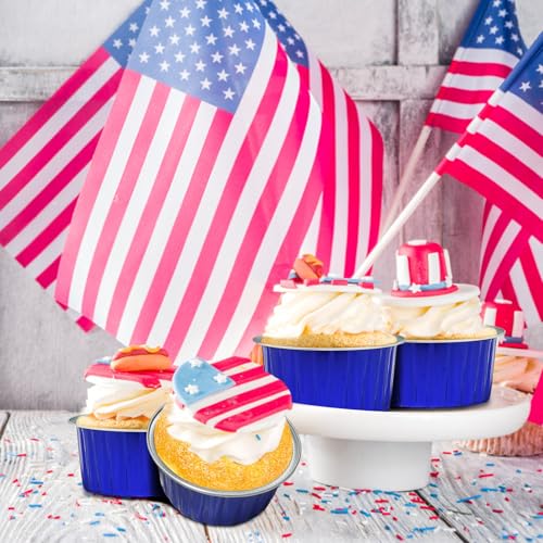 4th of July 50Pcs Mini Aluminum Foil Cupcake,5oz Baking Cups with Lids - color: Blue