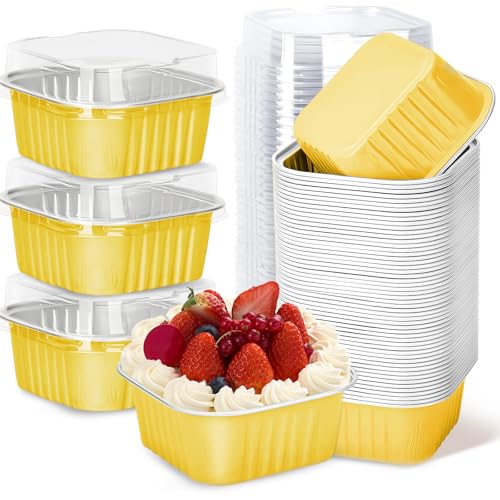 30Pack 5oz Gold Mini Cake Pans with Lids Baking Cups Aluminum Foil Pans Tins, Individual Dessert Cups Containers for Sales,Party,Picnics - color: Gold