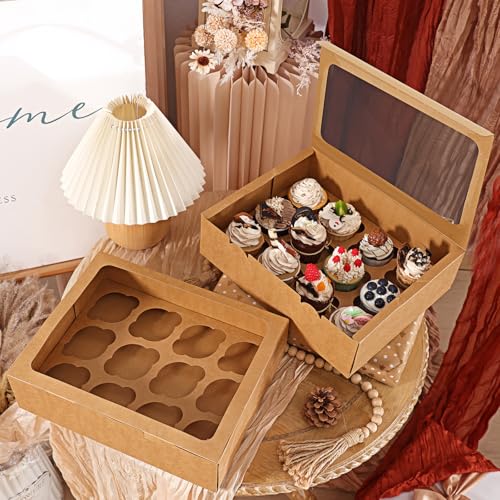 Moretoes 7pcs Cupcake Boxes, 12 Count Cupcake Containers with Window&Insert - color: Brown