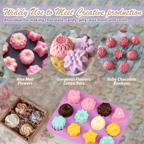Soap Molds Silicone Flower Shapes 3 Packs for Chocolate Gelatina Lotion Bar Candy Ice Cube Jelly Bathbomb, Blossom Rose Baking Tray Molds Unique Heart Star Food Grade Non-stick Homemade DIY BPA free - style: Small Flower 3PCS