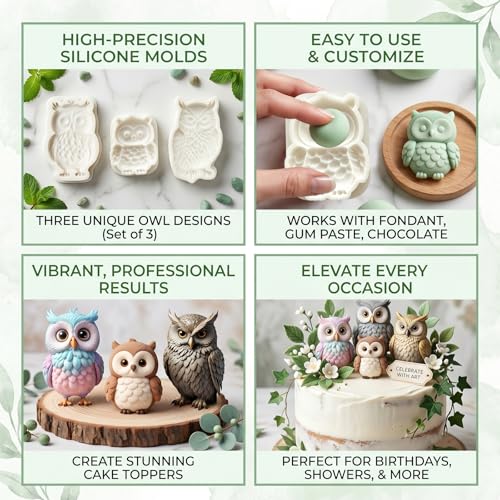 3Pcs 3D Owl Silicone Mold Set, Woodland Bird Fondant Baking Molds - color: Owl silicone mold