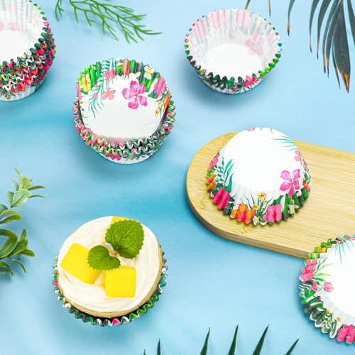 AnyDesign 300Pcs Tropical Luau Cupcake Liners Paper Baking Cups Hawaiian Palm Leaves Hibiscus Standard Muffin Cupcake Wrappers for Summer Beach Birthday Party Supplies - style: Hawaiian