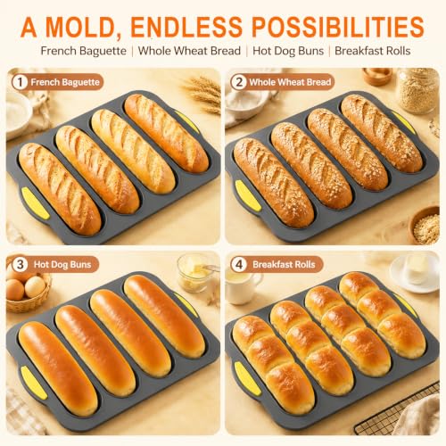 2 Pack Food Grade Silicone Baguette Bread Pan, 4‑Cavity Non‑Stick Easy Release French Bread Mold for Homemade Baguettes, Sourdough, Hoagie, Hot Dog Buns, Sandwich, Includes Bread Lame