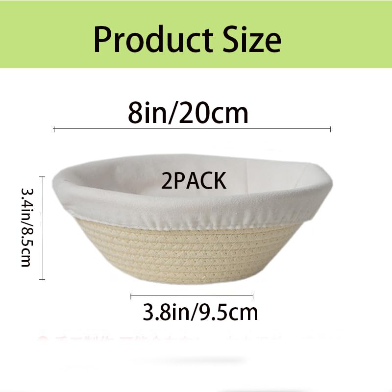 2Pack 8 Inch Banneton Bread Proofing Basket - Cotton Rope Dough Bowl, Sourdough Bread Baking Supplies for Dinner Rolls & Holiday Baking（with 2 Liner）