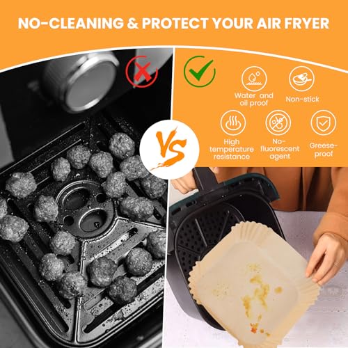 Disposable Air Fryer Paper Liners, 100 Pieces Square Liners for Air Fryer, Parchment Paper for Microwave, Food Grade Non-Stick Airfryer Basket Bowl Liner Free of Bleach (9IN-Square) - size: 9 inches