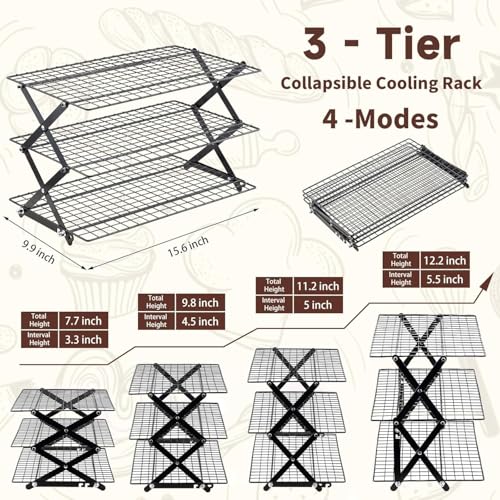 Pleafind 3 Tier Collapsible Cooling Rack - 4 Setting Design, Adjustable ＆ Stackable Baking Rack with X-Shaped Design and Leak-Proof Mesh Surface, Cooling Racks for Cooking and Baking, Dishwasher Safe - color: Light Black