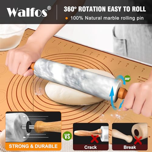 Walfos Marble Rolling Pin Set With Non Stick Silicone Pastry Mat, 16.5 Inch Dough Rolling Pins For Making Pizza, Tortillas And Cookies, Backing Rolling Pin For Pie Crust, Pizza, Pasta (Gray & White) - size: 16.5 in + pastry mat