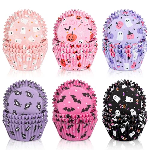 JarThenaAMCS 300Pcs Halloween Cupcake Liners Pumpkin Ghost Spider Web Bat Paper Baking Cups Pink Purple Orange Black Standard Muffin Cupcake Wrappers for Party Supplies Table Decor